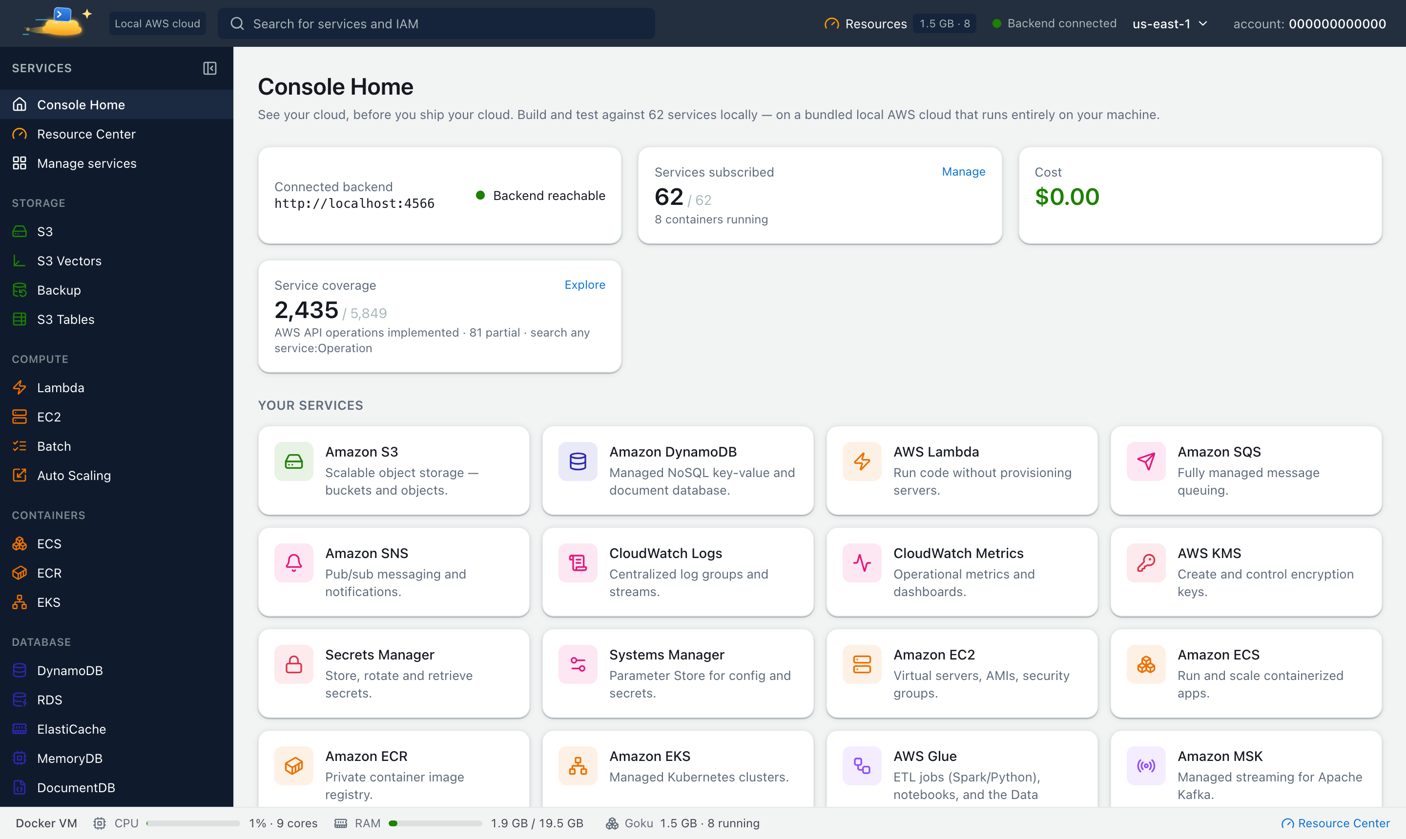 Goku web console home with local AWS services: S3, DynamoDB, Lambda, SQS, SNS, CloudWatch, EC2, ECS, EKS, Glue and more
