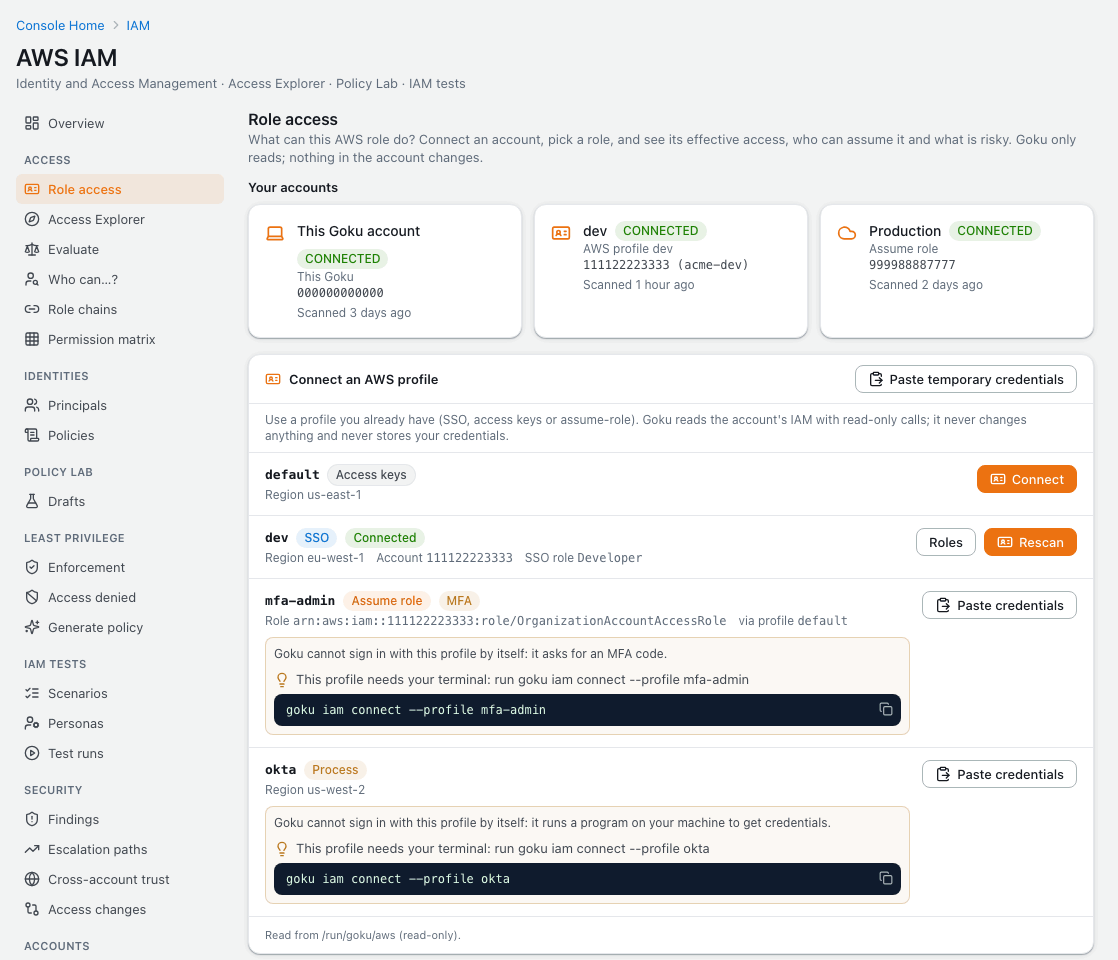Role access in Goku's IAM Lab: connected AWS accounts and the AWS profiles of ~/.aws with access keys, SSO, assume-role and credential process types, read-only