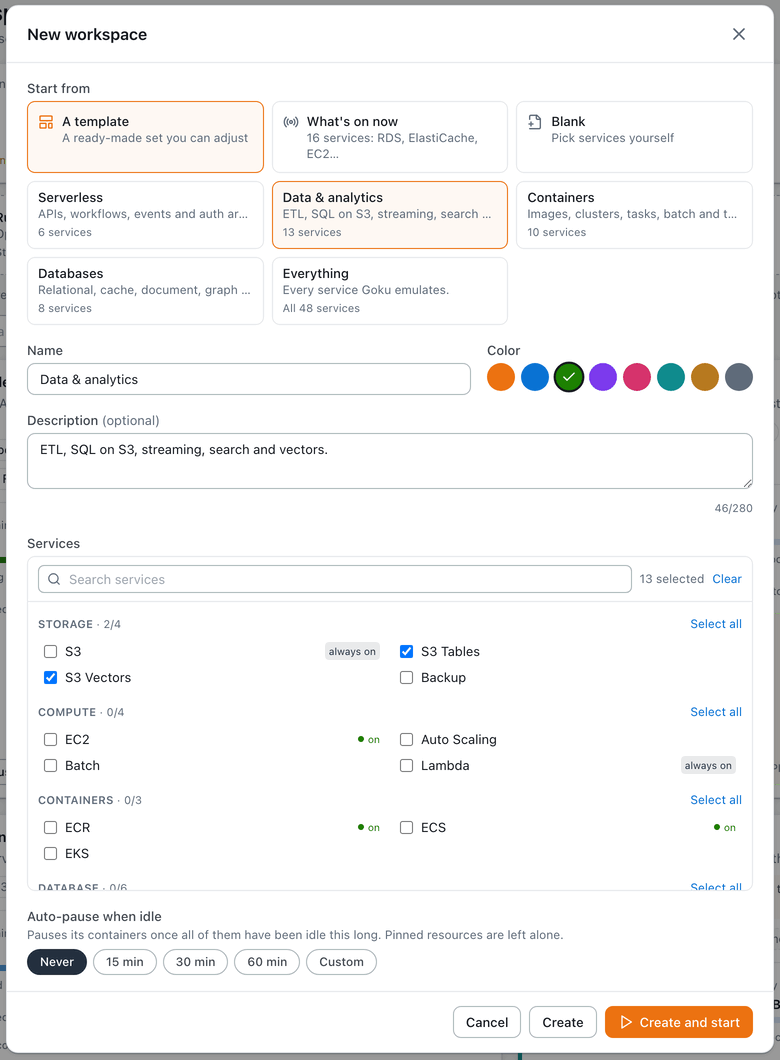 The New workspace dialog in the Goku console with templates, name, color, a list of AWS services to pick and auto-pause options