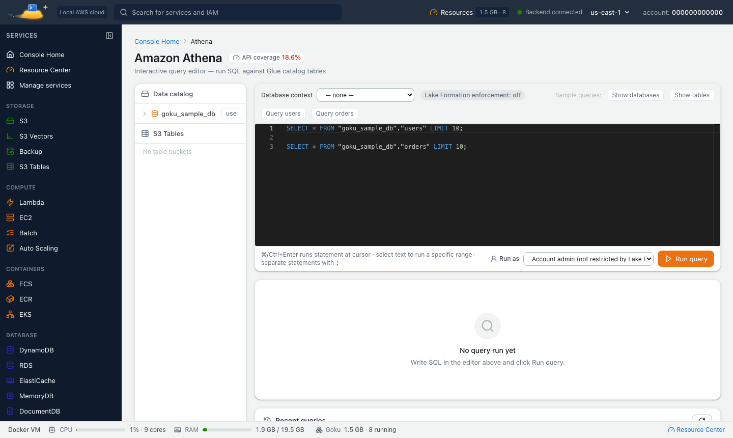 Amazon Athena query editor in the Goku console running SQL against Glue Data Catalog tables