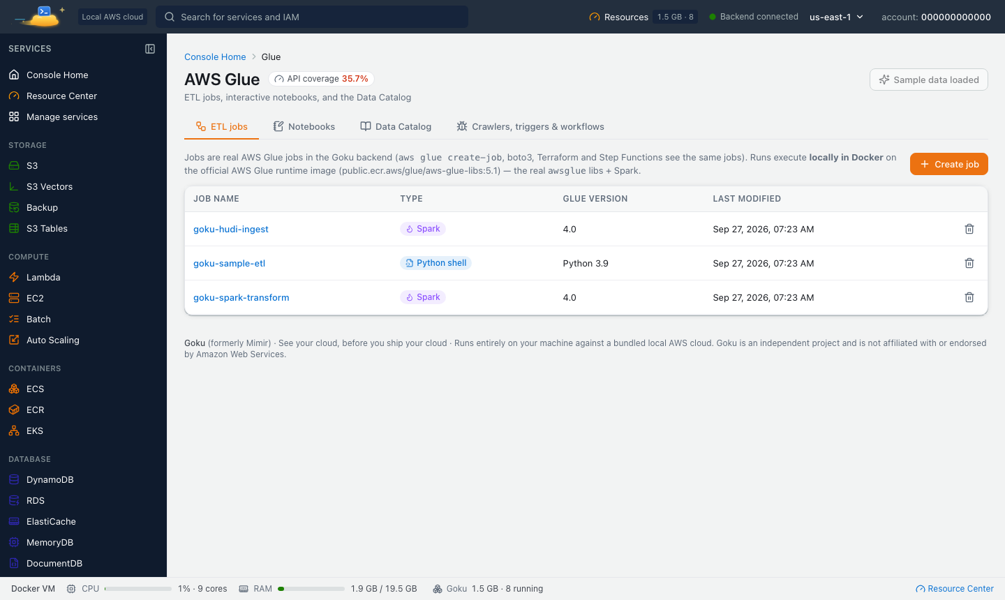 AWS Glue ETL jobs in the Goku console: Spark and Python shell jobs running locally on the official Glue runtime image