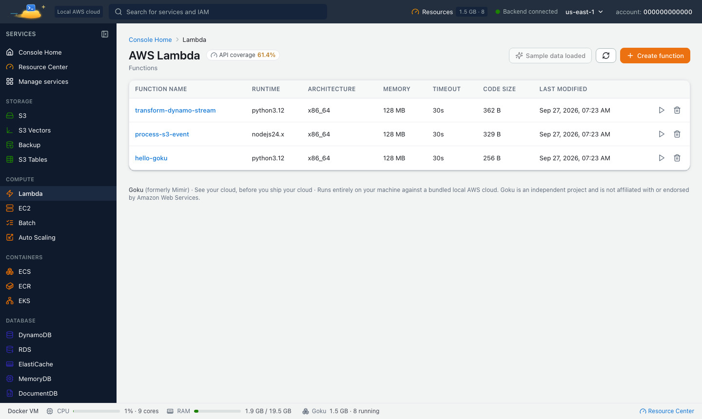 AWS Lambda functions list in the Goku console with Python and Node.js runtimes, memory, timeout and code size