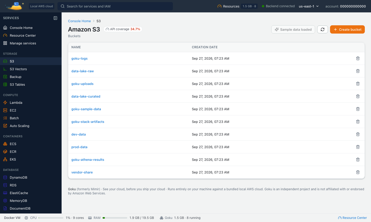 S3 console in Goku — local AWS S3 emulation