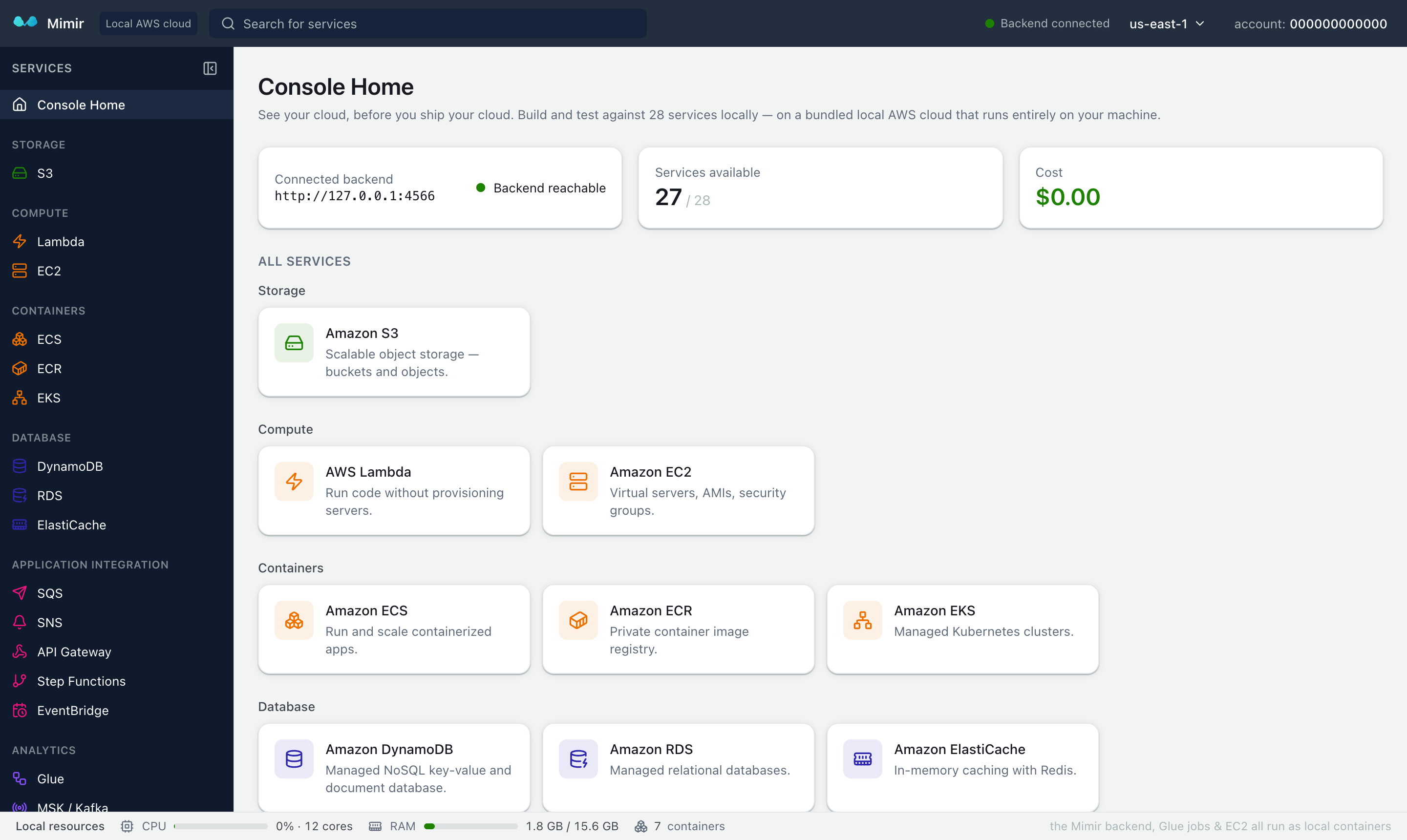Mimir web console with local AWS services: S3, Lambda, DynamoDB, RDS, ECS, Step Functions, API Gateway