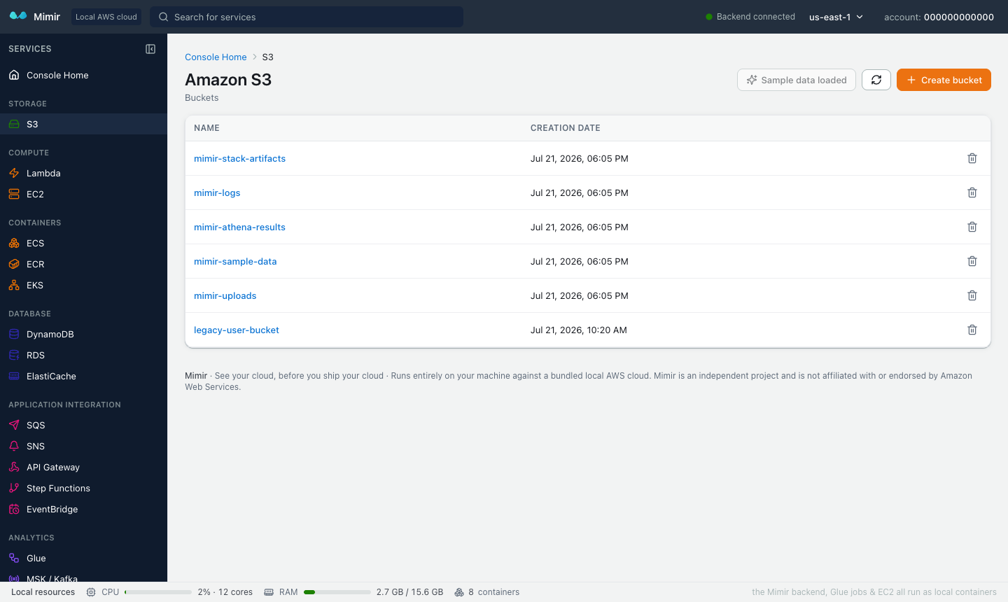 S3 console in Mimir — local AWS S3 emulation